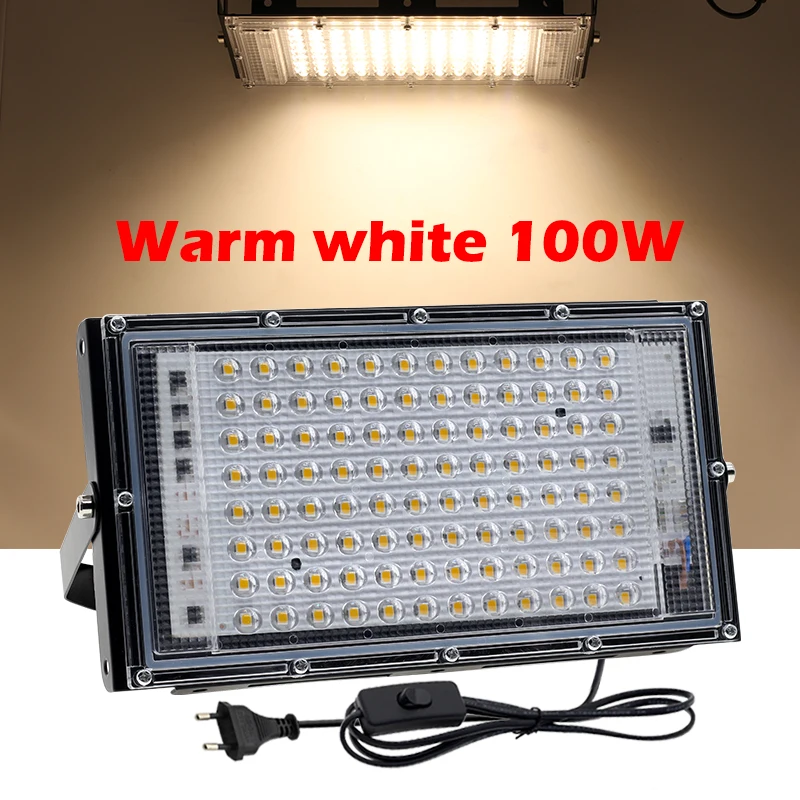 Projecteur LED RGB avec prise UE, lumière blanche chaude, budgétaire  étanche IP65, 50W, 100W, AC 220V