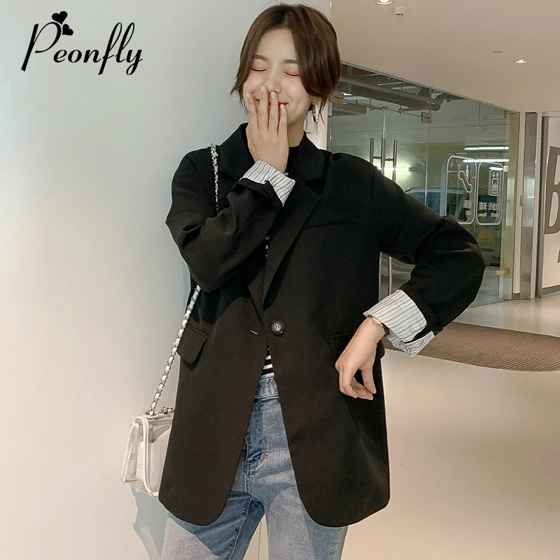 PEONFLY/Новинка года; осенне-зимний блейзер для женщин; повседневный костюм в Корейском стиле с одной пуговицей и длинными рукавами; Блейзер однотонного цвета; Feminino