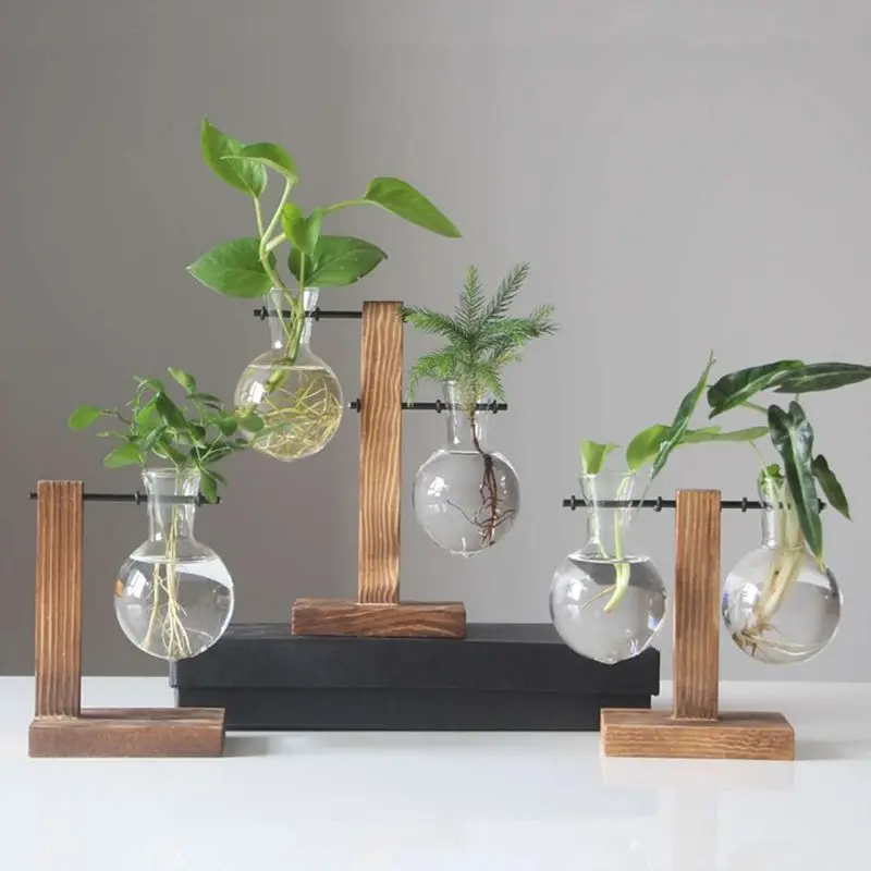 

Glass and Wood Vase Planter Table Desktop Hydroponics Plant Bonsai Flower Pot Hanging Pots with Wooden Tray Home Decor
