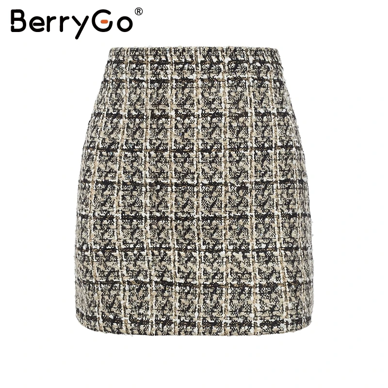 pattern2 khaki BerryGo двубортная твидовая клетчатая мини-юбка женская винтажная Осенняя зимняя женская юбка элегантная прямая Офисная Женская короткая юбка - Цвет: pattern2 khaki