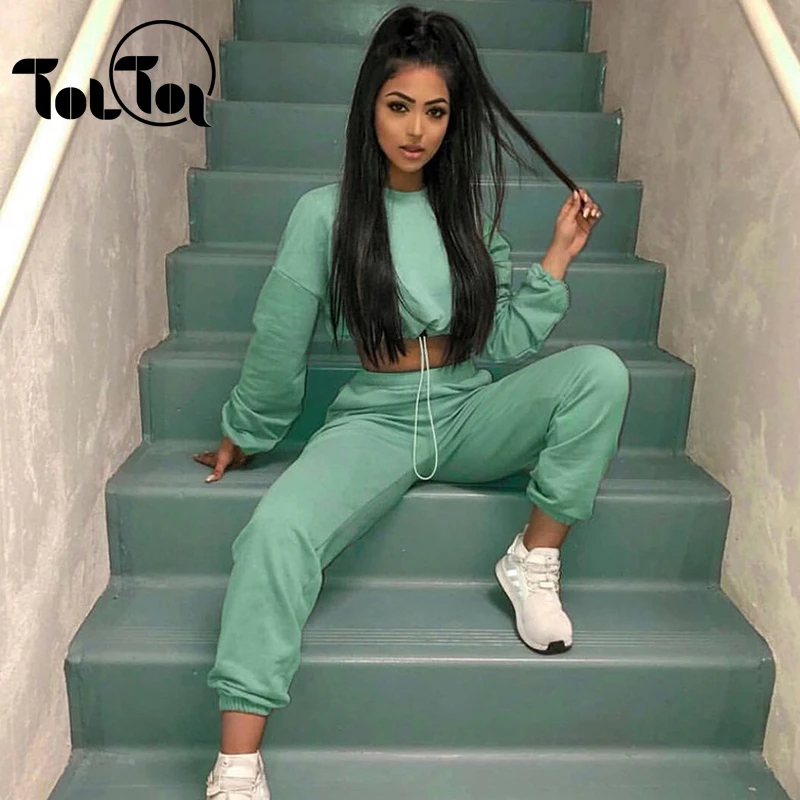 

Sexy Two Piece Suits Solid Street Long Sleeve Crop Top And Pants Winter Autumn 2 Piece Set Casual Outfits