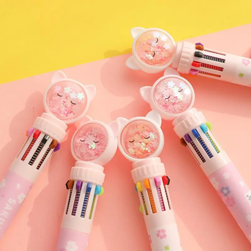 MINKYS Kawaii Cute 10 Colors Sakura Cat Multi-color Ballpoint Pen Ball DIY Drawing Grafffiti Kids Gift School Stationery | Канцтовары