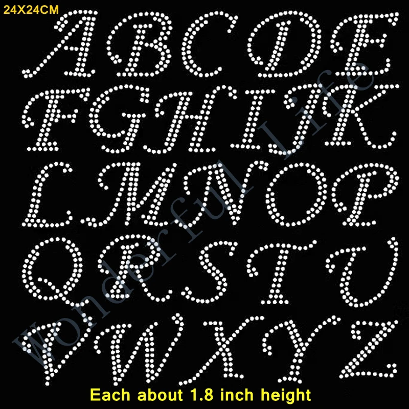 rococo designs Pack of Cursive Alphabet 26 Letters A to Z Clear Rhinestone  Iron on Hotfix Transfer, All Caps