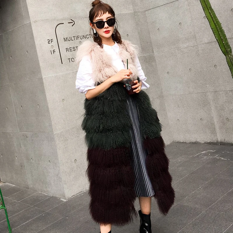 Discount rf2050 Whole Leather Mongolian Sheep Fur Vest for Woman 90cm/120cm Long Winter Natural Fur Waistcoat 7