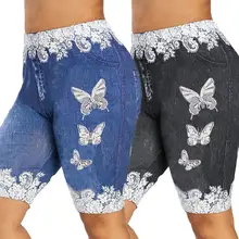 Plus size shorts elásticos das mulheres denim rendas retalhos borboleta impressão bodycon denim magro para curto feminino