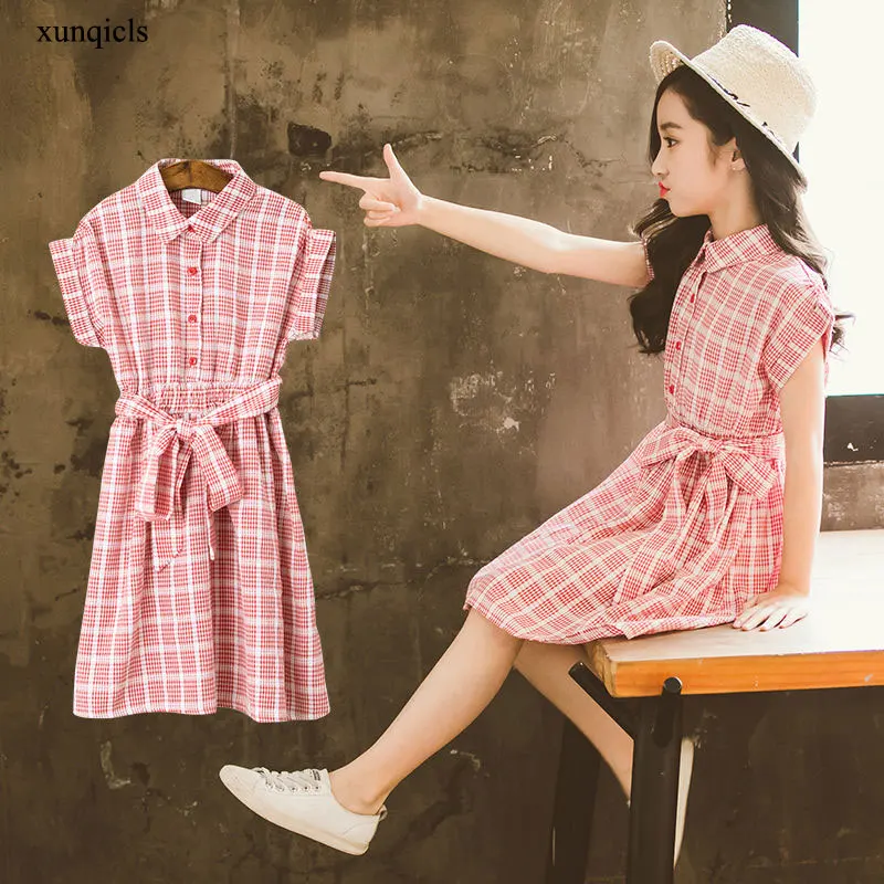 

Summer Kids Dresses for Girls Plaid Dress Children Cotton Short Sleeve Outwear Clothes Baby Girl Princess Dress 4-13T