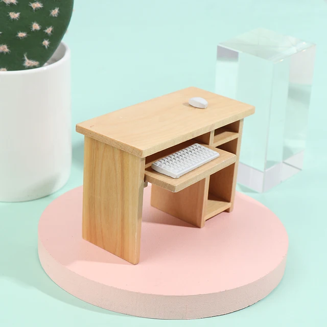 1 Set 1/12 Dollhouse Miniature Desk With Keyboard And Mouse Wooden Toys Dollhouse Furniture For Dollhouse Decals 6
