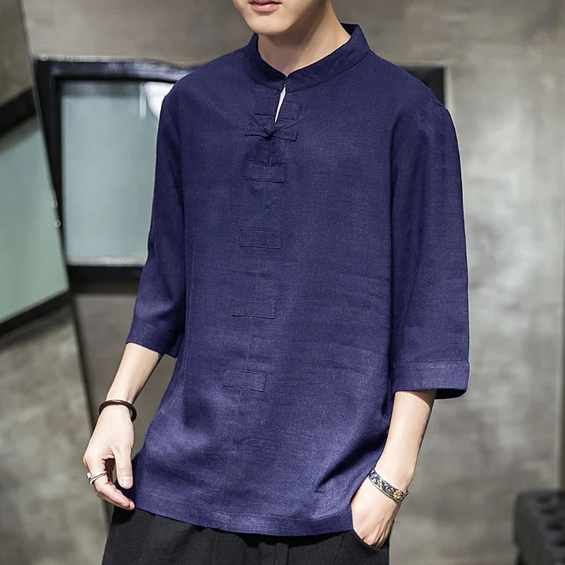 INCERUN Cotton Linen Casual Shirts Men Vintage 3/4 Sleeve Solid Chinese Traditional Tops Stand Collar Shirts Men Tang Suit