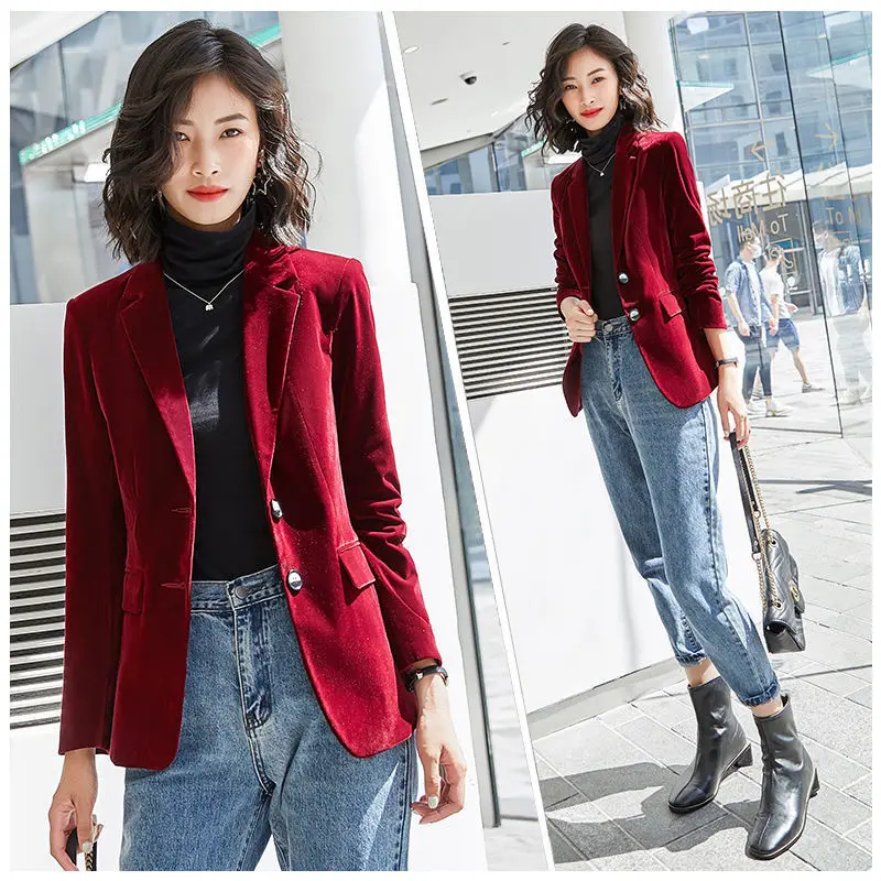 PEONFLY-Chaqueta de terciopelo de manga larga para mujer, traje ajustado a la moda, chaqueta informal de talla grande, primavera y otoño, 2022 ► Foto 2/6