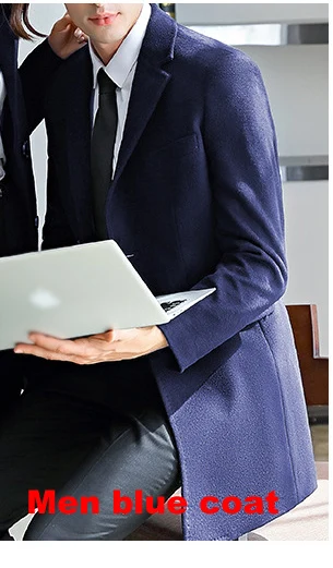 Blue men coat Зимние Утепленные шерстяные мужские и женские пальто, куртки с карманами, длинные пальто для офиса, женские тонкие пальто с отворотом и длинным рукавом - Цвет: Blue men coat