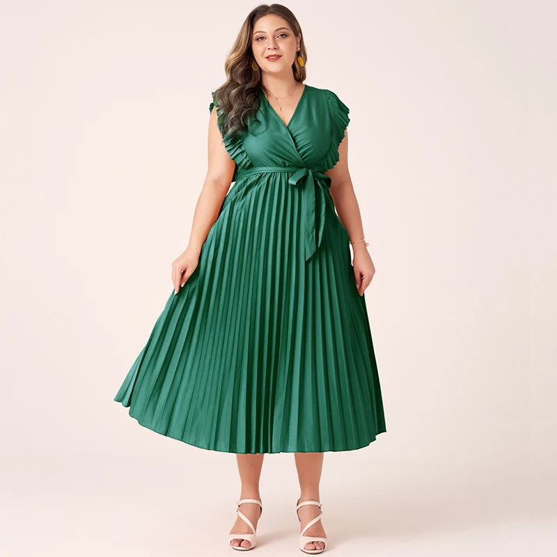 2022 Summer Midi Dress Women Plus Size Green Yellow Burgendy Wine Red Pleated Sashes Fungus Hat-sleeve Sleeveless Holiday Robes |