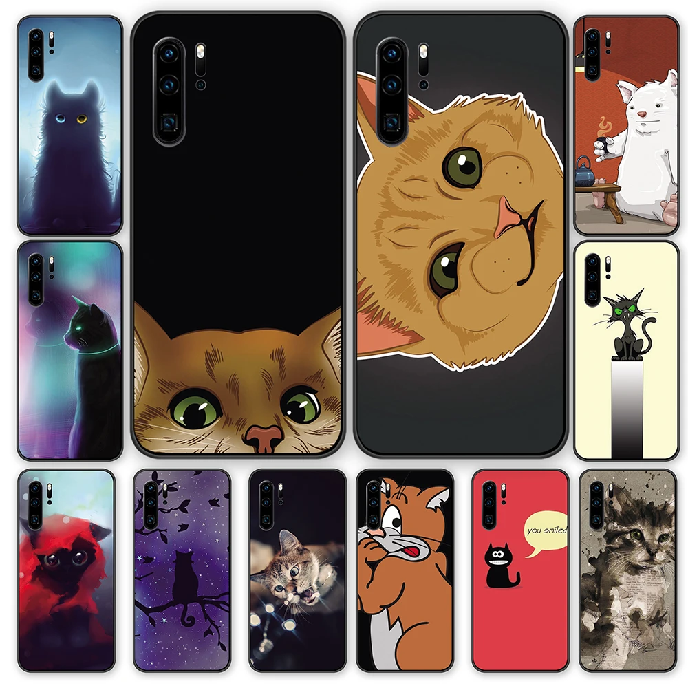 starry sky cat drawing Black TPU Cases Cover For Huawei P40 P30 P20 P10 Mate 10 20 30 Pro Lite | Мобильные телефоны и
