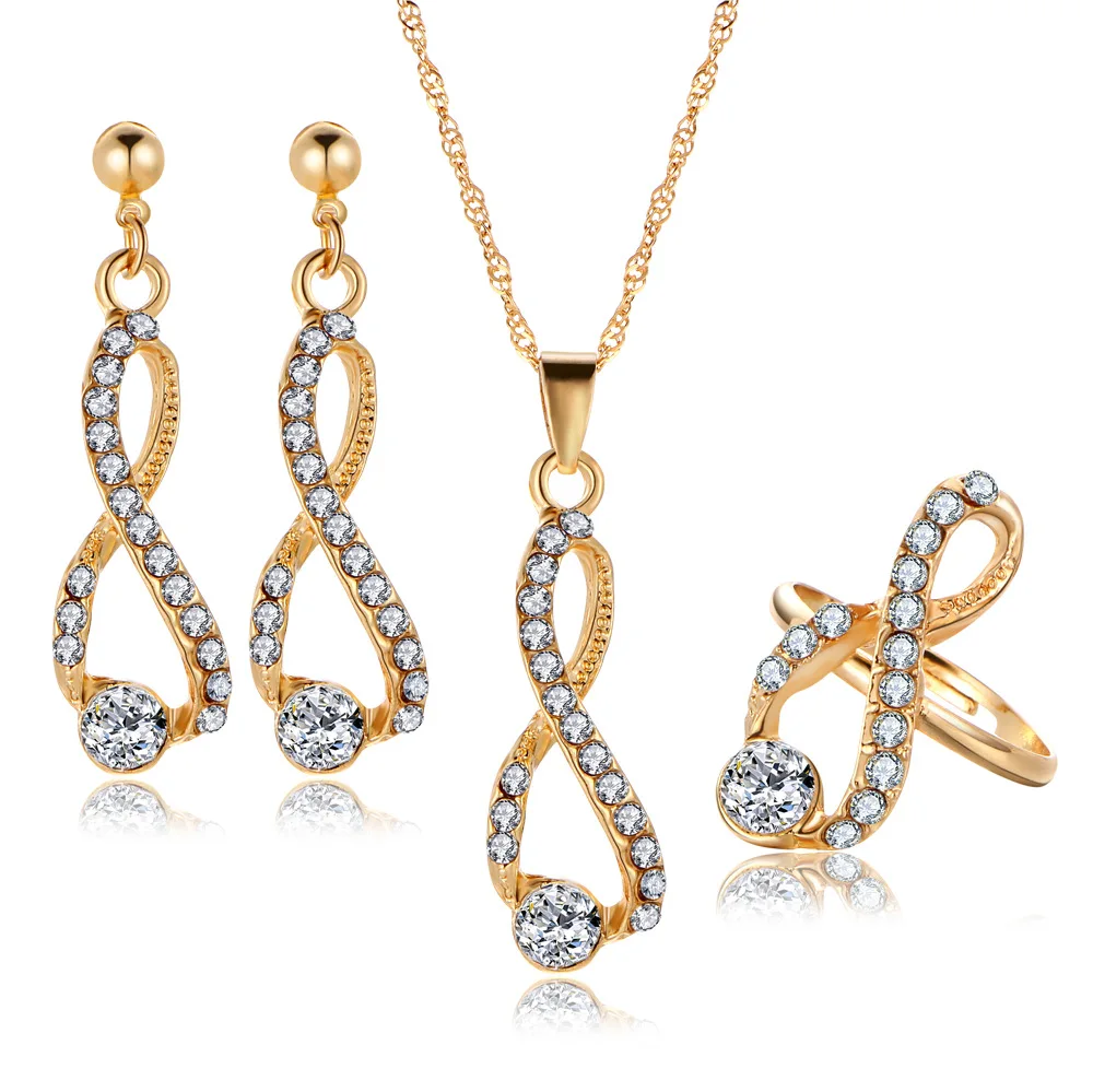 

European And American-Style Wedding Dinner Jewelry Embedded Crystal Rhinestone Earrings Necklace Ring Set Women's