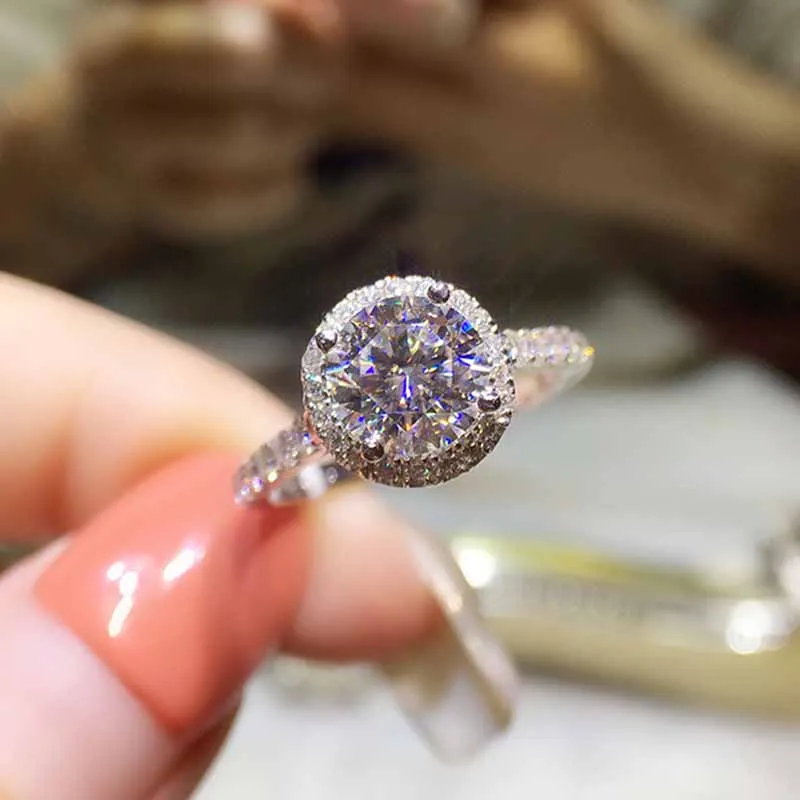 

Luxurious 18K White Gold Ring 1ct D color Moissanite Ring Studded with small diamonds Anniversary Ring round brilliant cut