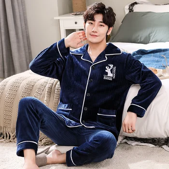 

Yidanna Men Pajamas Set Gold Velvet Nightwear Long Sleeved Sleepwear Autumn and Winter Turn-Down Collar Sleep Clothing Solid Nig