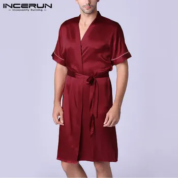 

INCERUN Men Robes Lounge Sleepwear Summer Soft Short Sleeve Homewear Casual Solid V Neck Kimono Men Bathrobes Pajamas S-5XL 2020