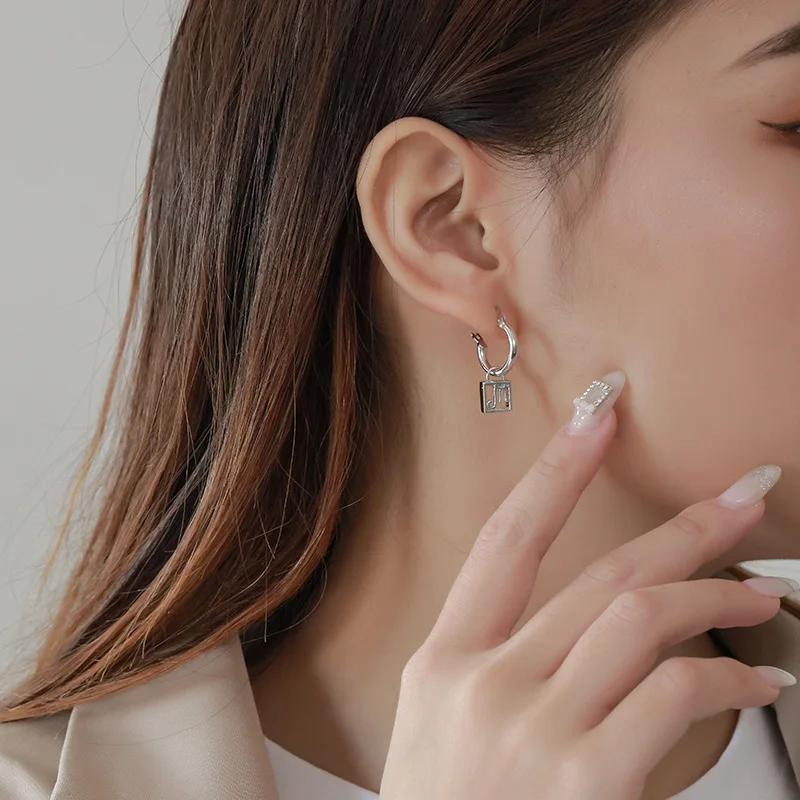Lispector 925 Sterling Silver Korean Square Hollow Letter M Hoop Earrings for Women Small Earrings Commute Female Jewelry Gifts