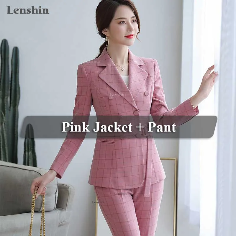 2 Pieces Pink Suit Lenshin брюки в клетку sutis для женщин, тонкий модный темперамент, профессиональный блейзер с длинным рукавом и брюки для офиса - Цвет: 2 Pieces Pink Suit