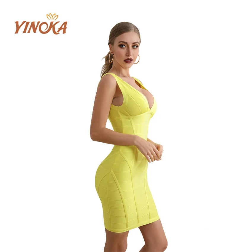 Yinoka 2020 bandage dresses bodycon vestidos v neck yellow red pink party midi sex night clubwear celebrity evening luxury dress 1