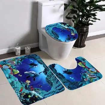 

Sea World Designed Bathroom Livingroom Hallway Carpet Pedestal Toilet Mat Set