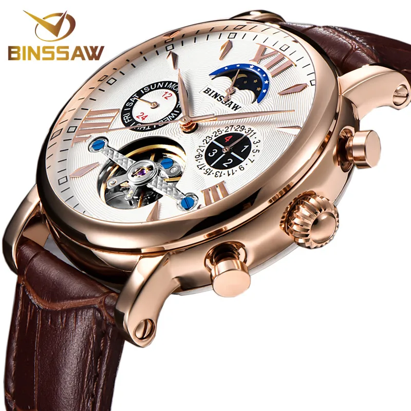 

tourbillon mechanical watch men casual fashion leather mechanical mens watches business waterproof Moon Phase skeleton watch