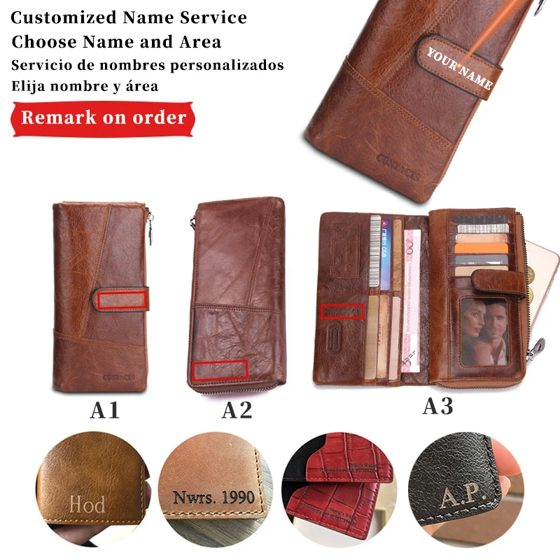 Name Carving Zipper Poucht Genuine Cow Long Leather Wallets Purse Card Holder Vintage Wallet Men with Coin Purse Pocket