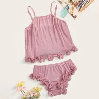 

Women Sexy Pink Mesh Sheer Pyjamas Lingerie Perspective Pajamas Set Home Cloth Nightie Neck Lace Bralette Floral Sleepwear 2020
