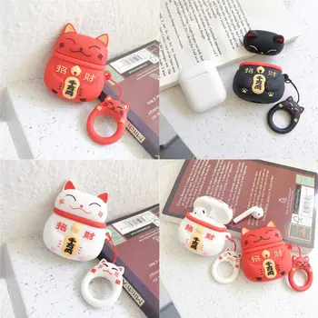 

Cute Lucky Cat Pattern Soft Silicone Protective Cover Shockproof Case Skin with Lanyard for Airpods 1/2 Charging Box Accessories