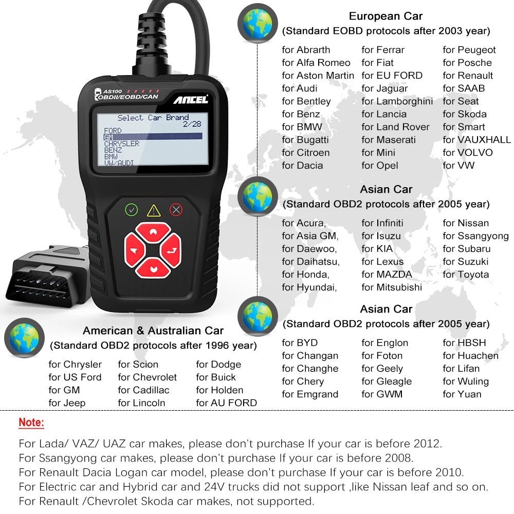 Ancel AS100 Car Diagnostic Tool Multilingual Code Reader OBD 2 Automotive Scanner OBD2 Scanner PK ELM327 For Citroen Renault BMW 6