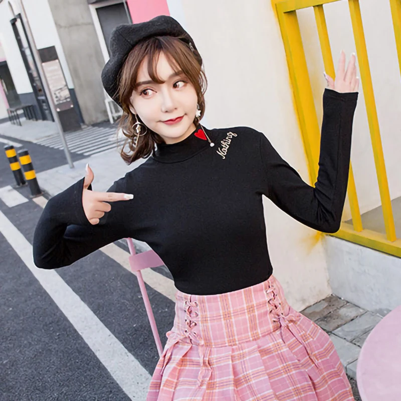 Корейская одежда женская черная и белая однотонная Базовая футболка с длинным рукавом элегантные женские топы с высоким воротом