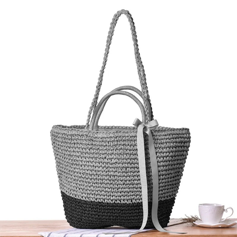 32x22CM Bohemian Bow Single Shoulder Handbag Dual Purpose Straw Bag Seaside Vacation Beach Bag Woven Bag a7166