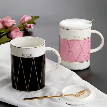 

Modern Couple Coffee Mug Creative Simple Nordic Large Capacity Ceramic Espresso Mug with Spoon Lid Tazas Drinkware Home DA60MKB