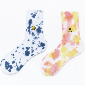 

Men's Cotton Tube Socks Tie-dye Gradient Warm Stockings Korean Version Wild Embroidery Smiley Face Tide Socks