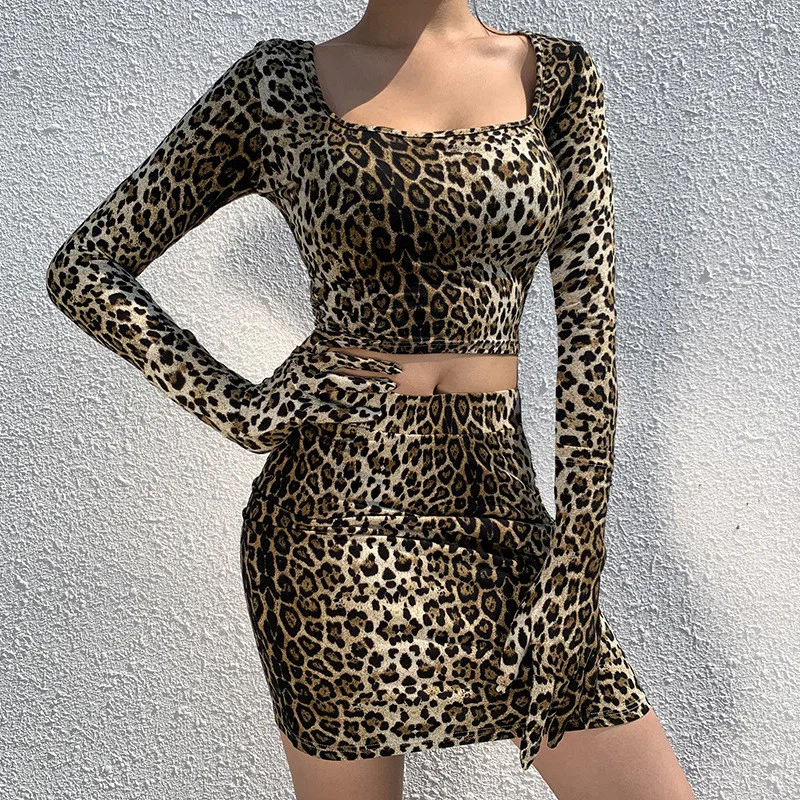 Hugcitar leopard print long sleeve with gloves sexy crop top skirt 2 pieces set autumn winter women streetwear outfits