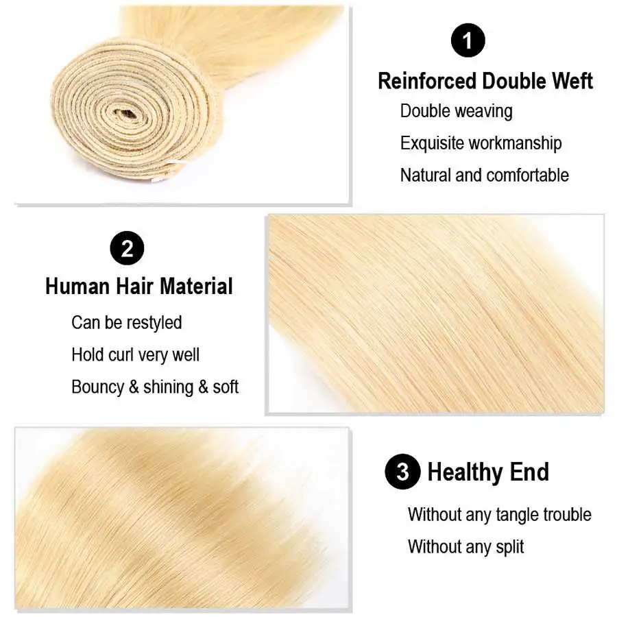Hair Master Malaysian 613 Straight Hair Weaving 3 Platinum Bundles Remy Human Hair Honey Blonde Hair Extensions