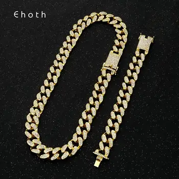 

2cm HipHop Gold Silver Color Iced Out Crystal Miami Cuban Chain Necklace Bracelet Set for Mens Heavy Rhinestone Rapper Necklaces