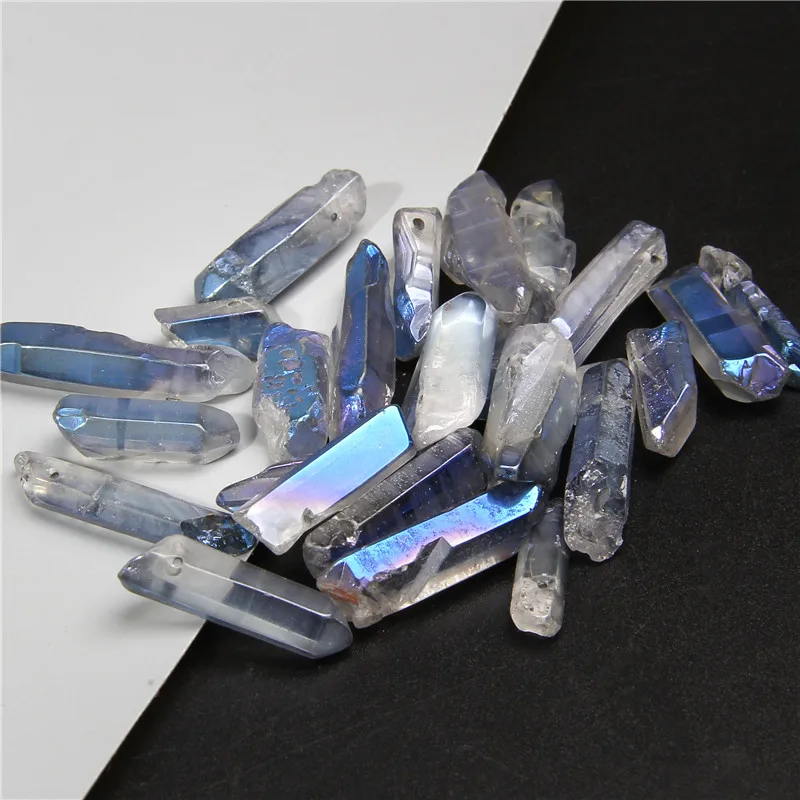 10pcs Blue Gray Titanium Quartz Crystal Top Drilled Point Pendant Beads