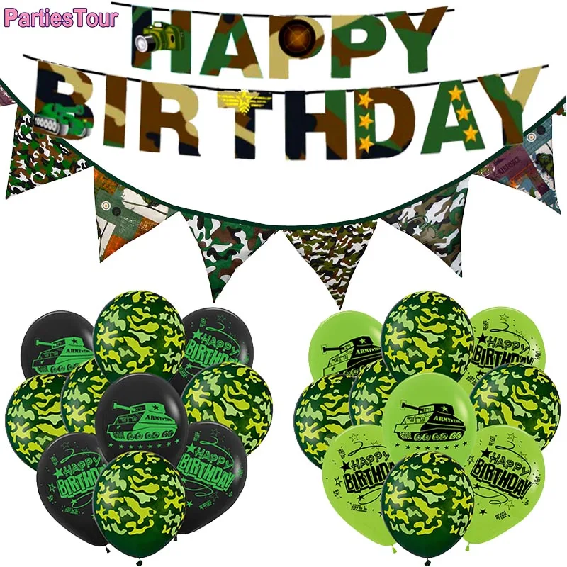 

Camouflage Theme Party Decor Camo Ballons Happy Brithday Banner Latex Ballons kids Hunting Military Party Supplies Decor Globos