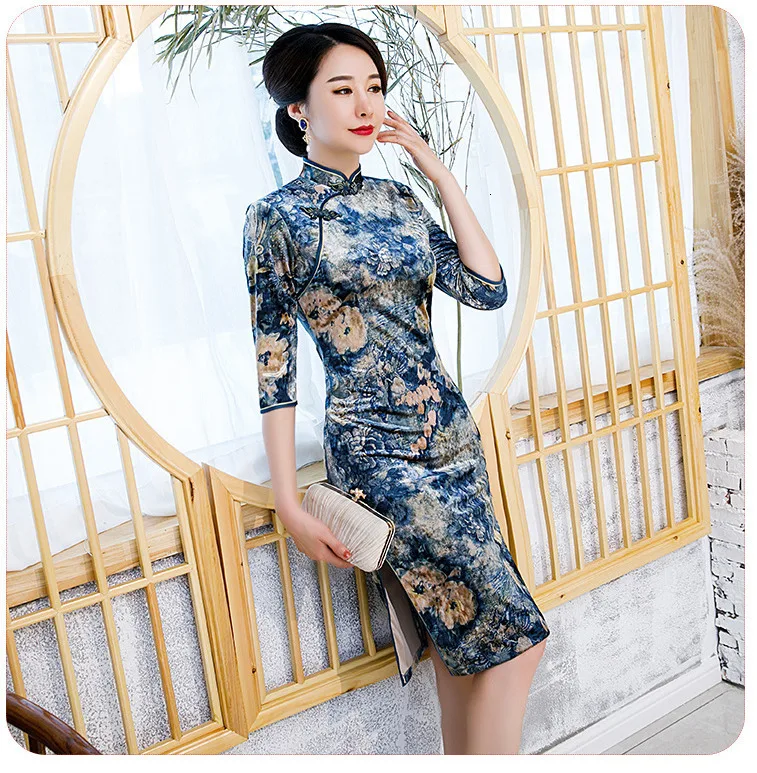 SHENG COCO L-4XL женские чонсамы банкетное платье гибкие бархатные цветы Qipao синий Шанхай женское элегантное китайское модное платье