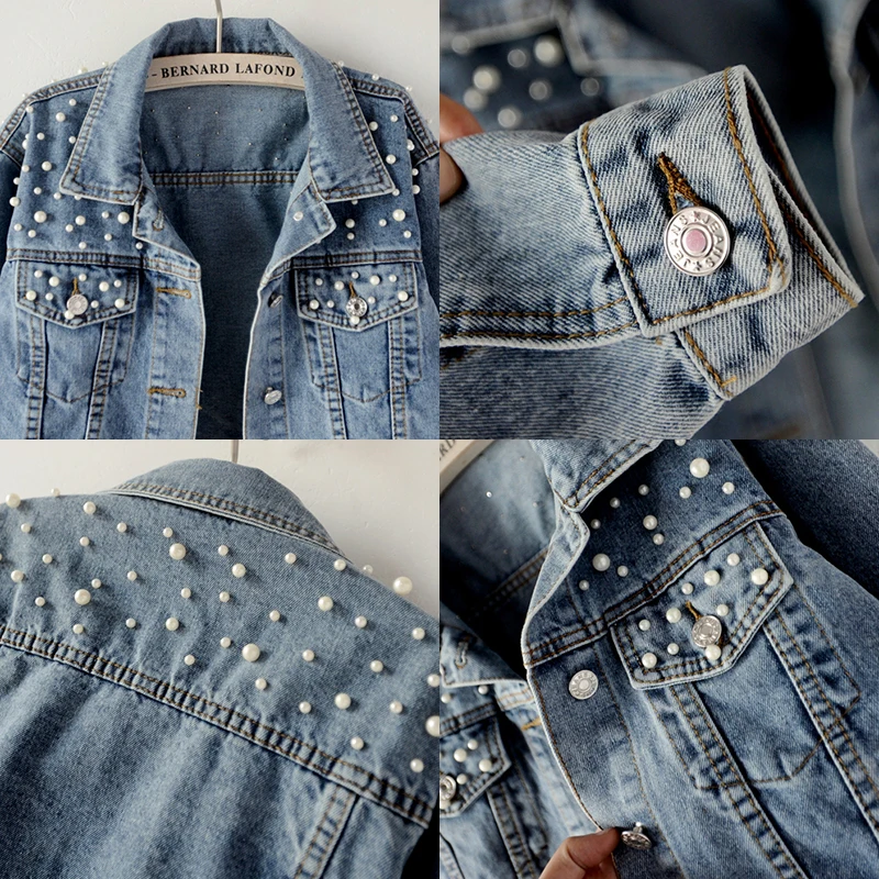 discount Women‘s New Fashion Plus Size Beading Short Denim Jackets Women Wash Long Sleeve Vintage Casual Jea