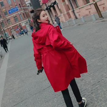 

2020 Spring New Women Windbreaker Mid-length Korean Casual Hoodedcoat Female Red Trench Long Coat Moda Mujer Casacos Femininos