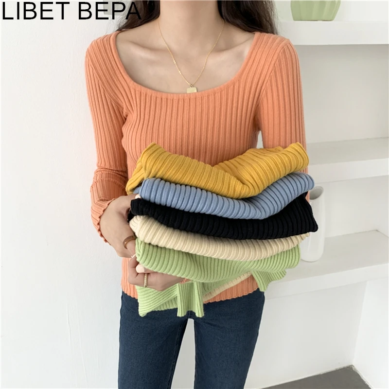 

New 2021 Women's Autumn Winter Sweater Square Collar Bottoming Knitwear Warm Pullover Minimalist Elegant Ladies Jumpers SW1822