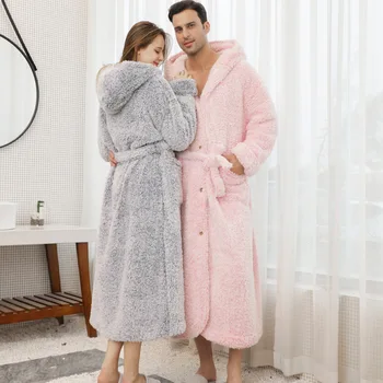 

Plus Size 3XL Hooded Couple Robe Winter New Kimono Gown Flannel Nightwear Thicken Warm Sleepwear Lovers Bathrobe Gown Home Wear