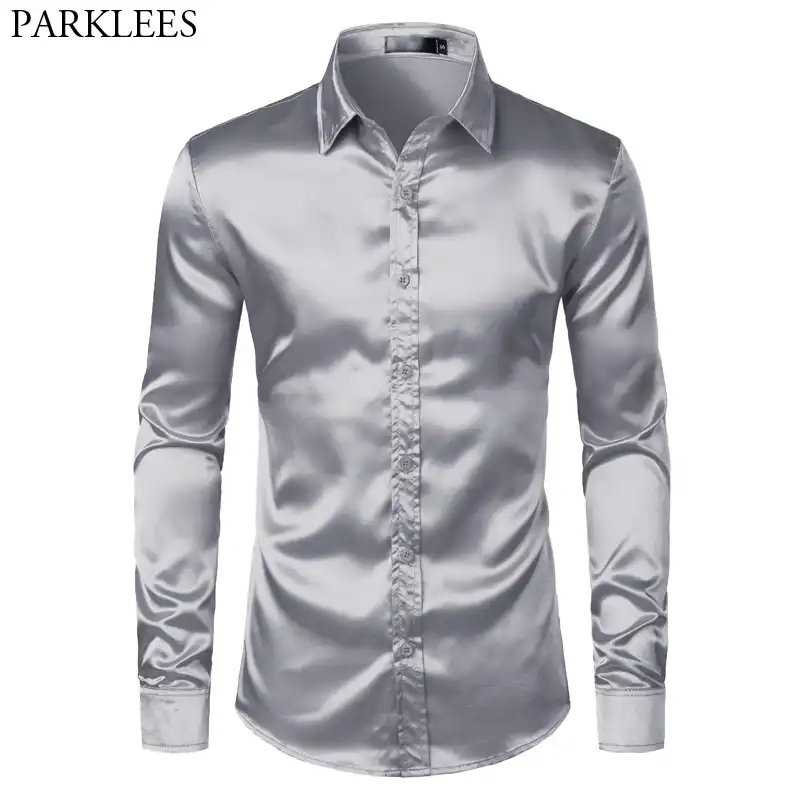 iMakCC Mens Luxury Printed Silk Like Satin Button Down Dress Shirt for Party Prom