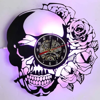

3D Skull Wall Lamp Clock Antique Style Vinyl Record Living Room Art Wall Decorative Lamp with Remote Control Color Changing