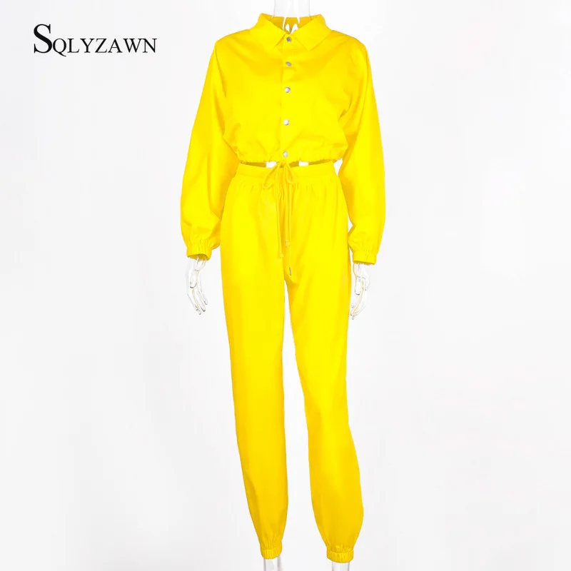 Сексуальный готический Модный женский комплект из двух предметов для бега, уличная куртка, укороченный топ, штаны, Осень-зима, Корейская одежда желтого, синего, красного цвета