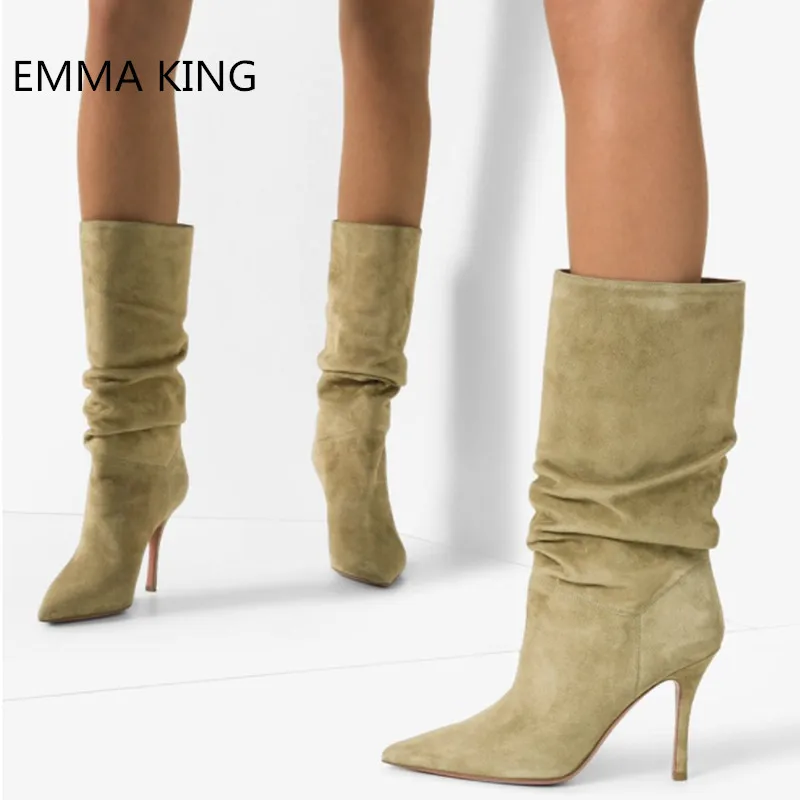 

Fashion Brand Women Suede Stilettos Mid Calf Boots Women Pointed Toe High Heels Shoes 2019 New Autumn Winter Slip-On Short Boots