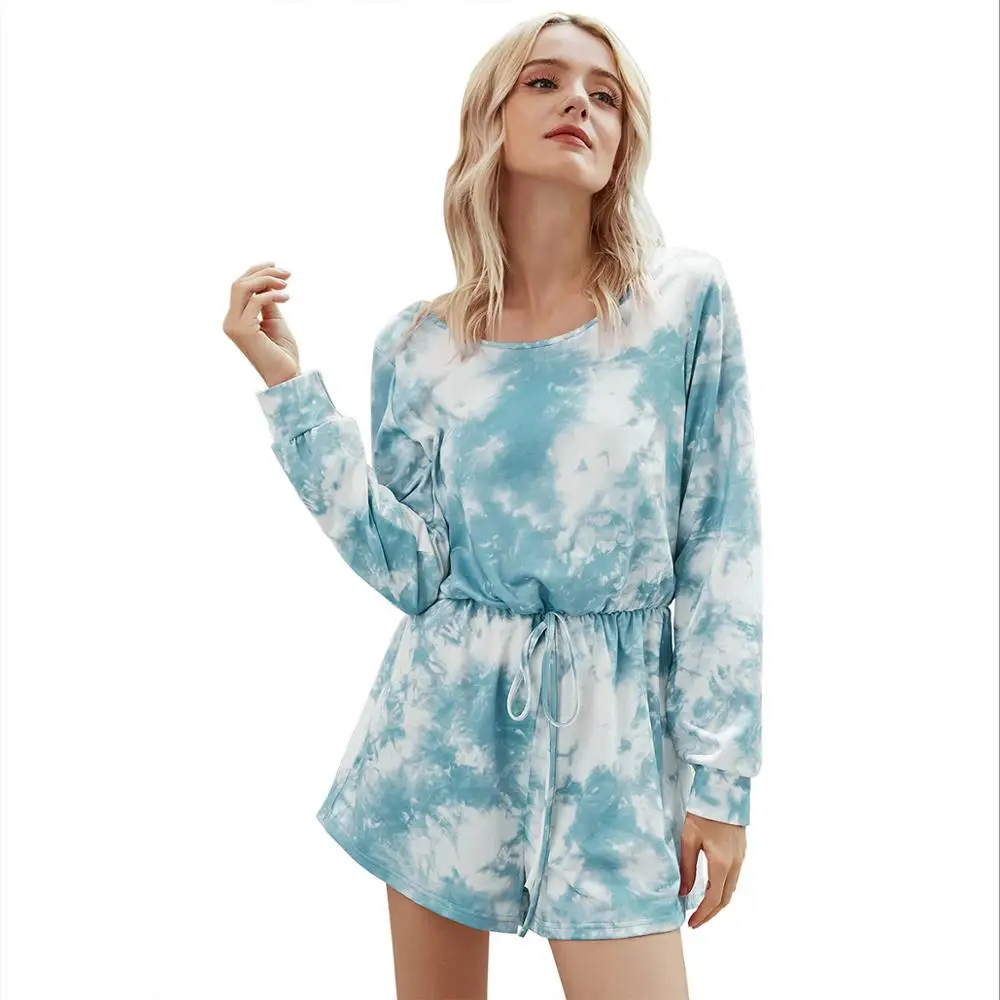 DOIB Women Tie Dye Print Jumpsuit Autumn Long Sleeve Playsuit Lace Up Casual Romper One-piece shorts Frenulum Motion Jumpsuit