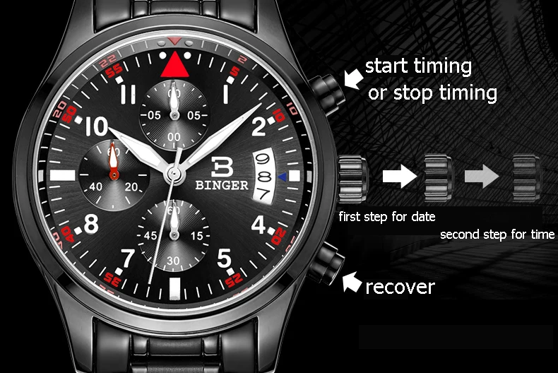 Швейцарские BINGER мужские часы люксовый бренд Кварцевые водонепроницаемые полностью из нержавеющей стали хронограф секундомер наручные часы B9202-2