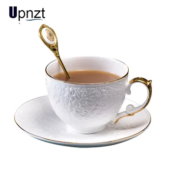

Bone China Coffee Cup And Saucer Set European Luxury Flower Tea Cup With Gold Embossed Afternoon Tea Cup With Spoon And Saucer